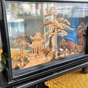VTG CHINESE 3-D CORK MINI DIORAMA - Pagoda, Cranes &Trees- Framed Under GLASS